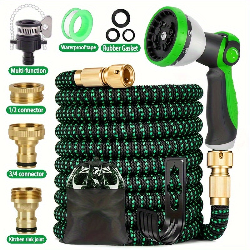 Expandable Garden Hose with 10 Nozzles Rubber Polyester All-Season Non-Tangle Portable for Patio