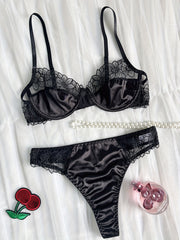 Black Floral Embroidered Lingerie Set for Women Bra and Panties Medium Support