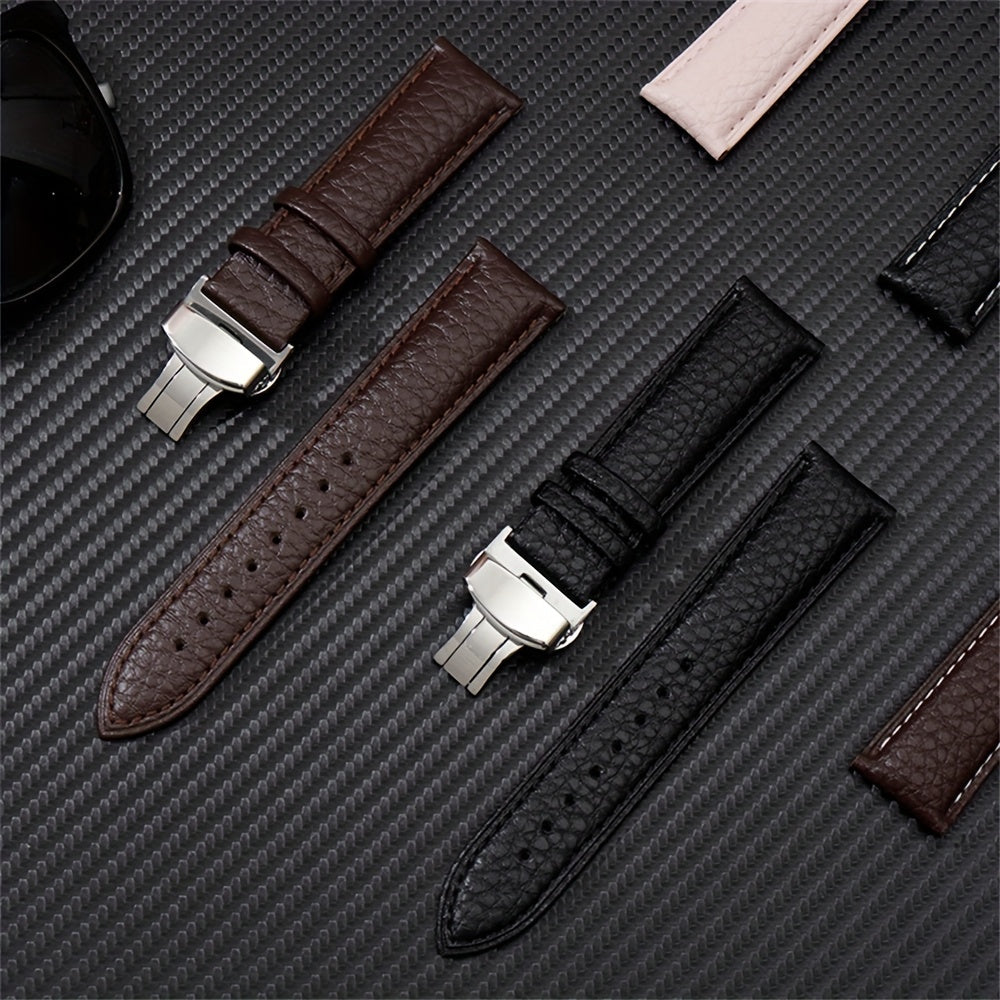 Synthetic Leather Watch Strap with Butterfly Clasp White Adjustable for Men Women