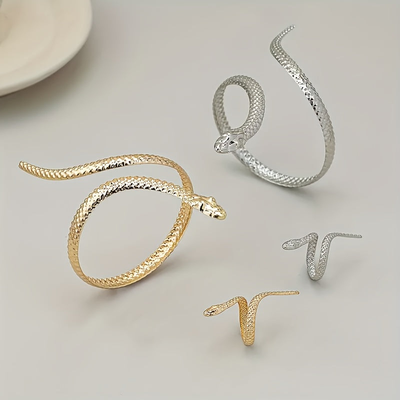 Винтажный панк браслет и кольцо в форме змеи, закрученный открытый браслет, стиль хип-хоп ретро, идеален для повседневной носки и вечеринок, материал - железо