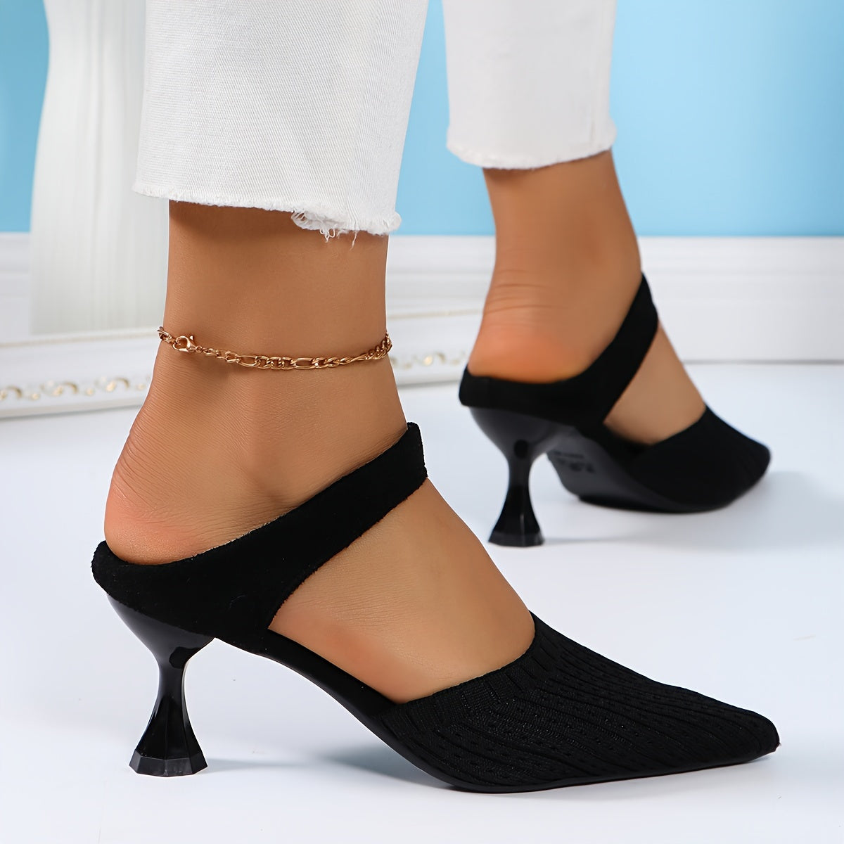 Women's Knit Fabric Slingback Sandals Pointed Toe High Heel