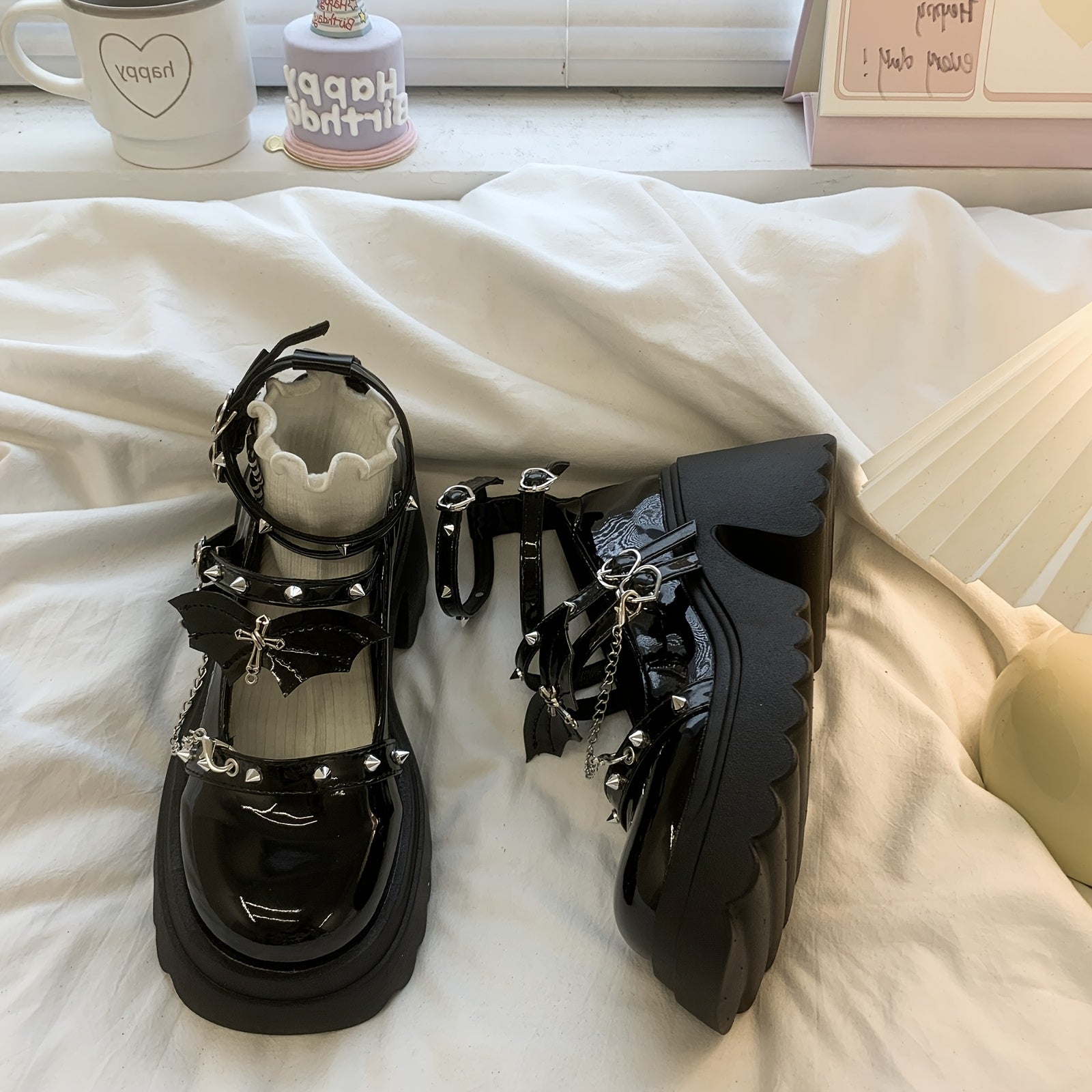 Women Synthetic Punk-Inspired Platform Mary Jane Loafers Black Chain Accents