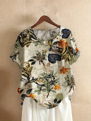 Plus Size Women's Tropical Floral Blouse Short Sleeve Round Neck Polyester Blend Casual Loose Fit