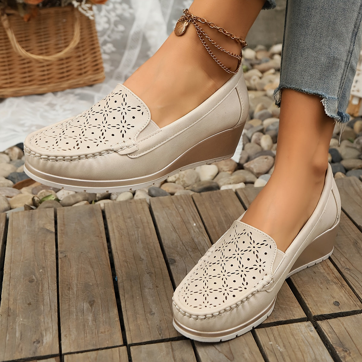 Women's Beige Slip-On Loafers with Perforated Design, Breathable, Lightweight