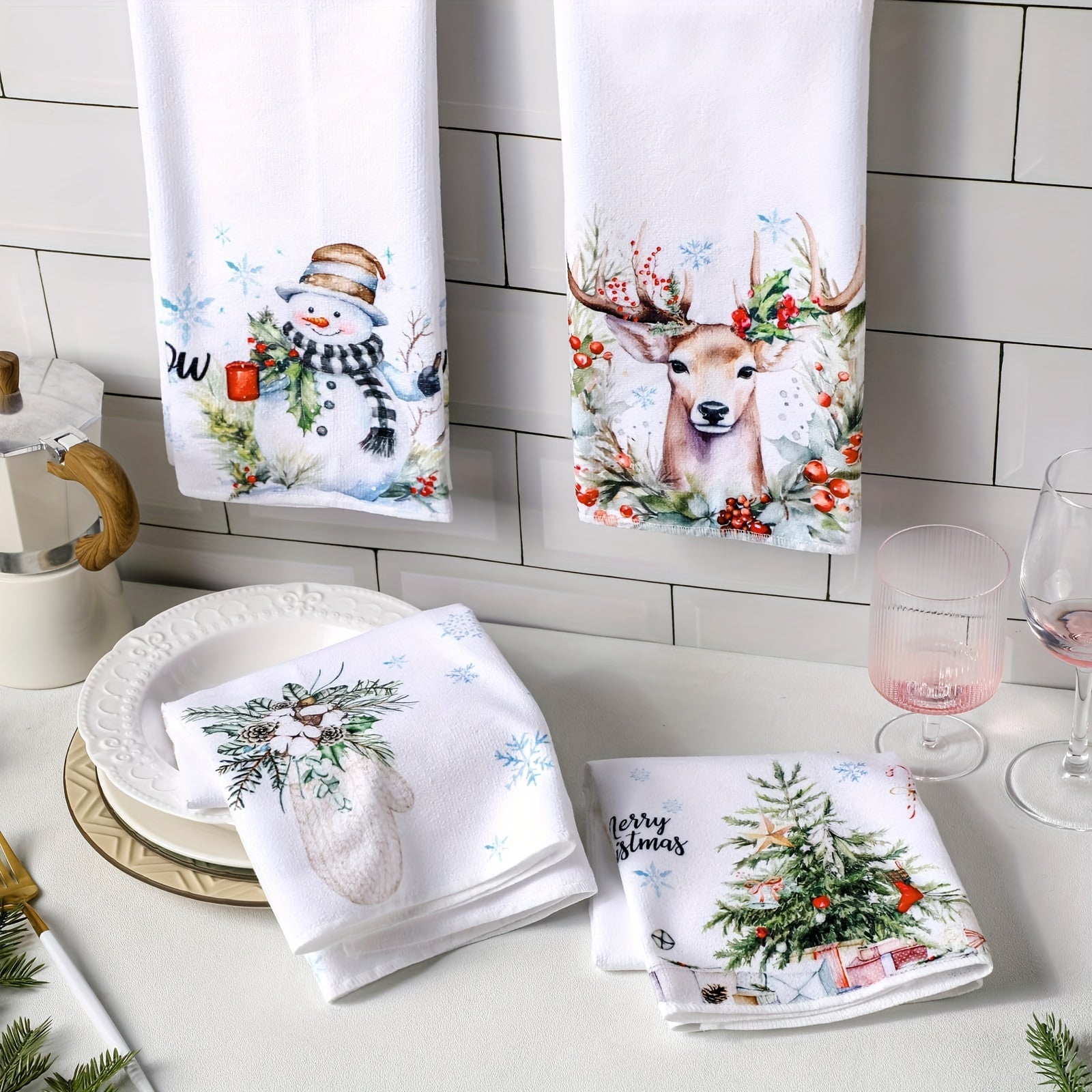 2-Piece Christmas Kitchen Towel Set Absorbent Snowflake Tree Snowman Reindeer