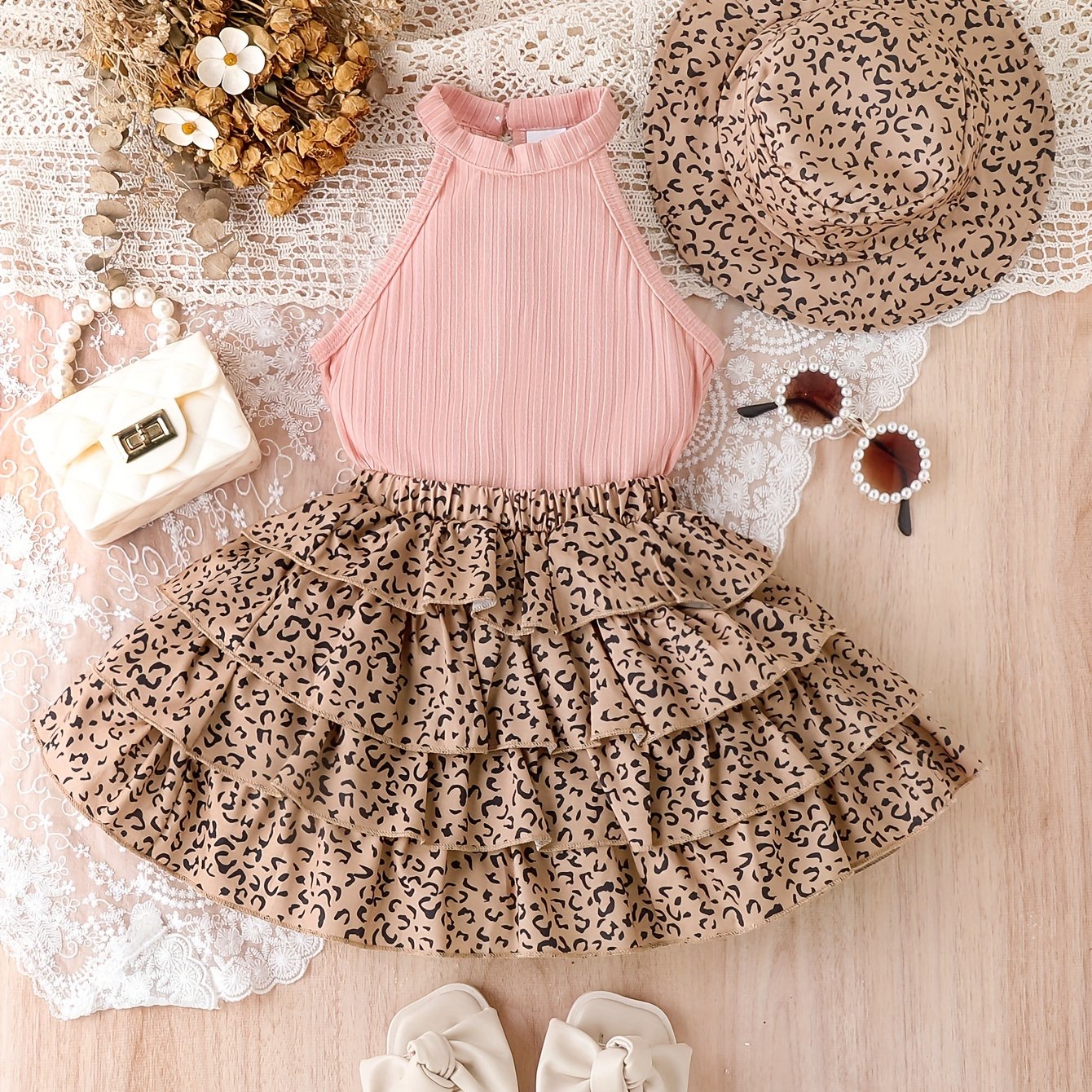 Girls Summer Outfit Set with Leopard Print Bandeau Top Tiered Skirt and Hat for Kids
