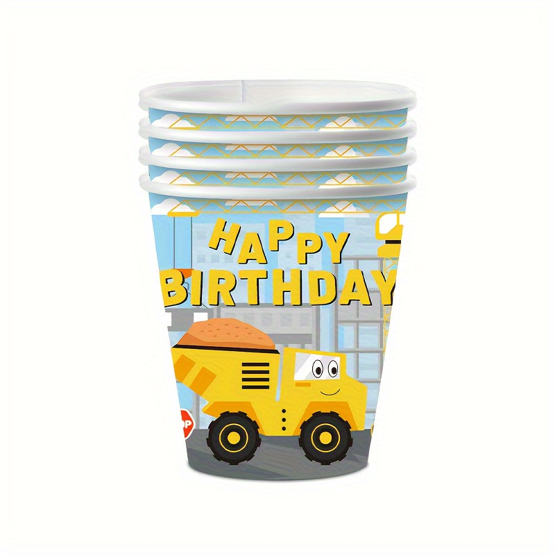 Набор для празднования дня рождения строительной самосвальной машины включает одноразовые тарелки, стаканы, салфетки для детского праздника