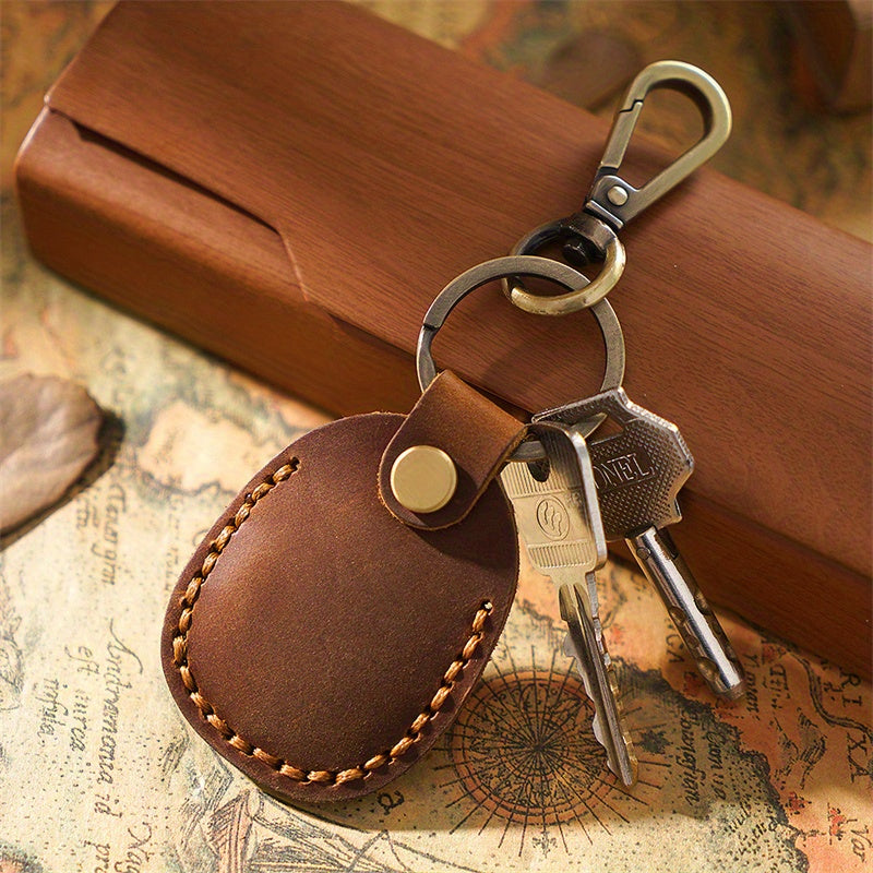 Retro Cowhide AirTag Case - Leather Protective Cover with Keychain