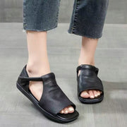 Women's Faux Leather Open-Toe Flat Sandals with Adjustable Strap Black