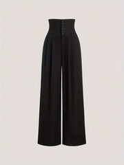 Pantalones de mujer de tiro alto y pierna ancha en color marrón con detalles de botones y diseño plisado