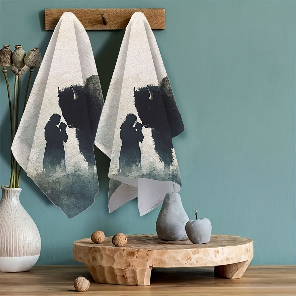 2 ta Ultra Soft oshxona sochiqlari to'plami, akvarel Bison inson silueti, 16x24 dyuym