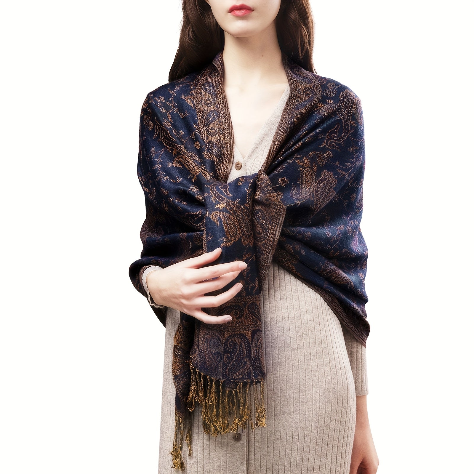 Women's Cashmere-Feel Scarf with Fringed Shawl Wraps Soft Warm and Breathable