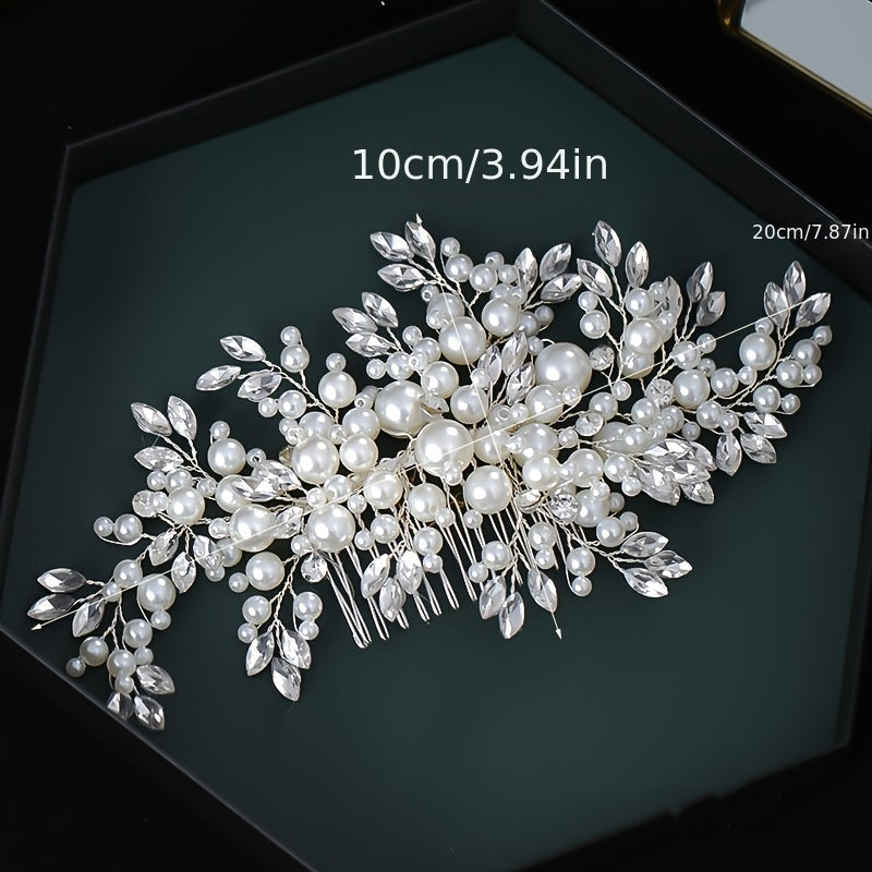 Handmade Silver Hair Comb Headpiece with Pearl and Rhinestone Accents for Weddings