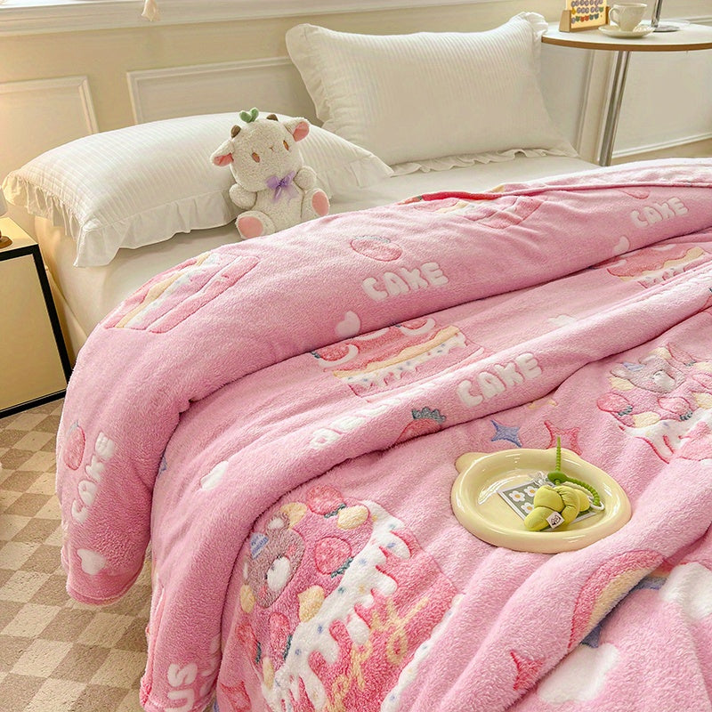 Warm Plush Throw Blanket with Birthday Cake Design, Rainbow and Strawberry Details