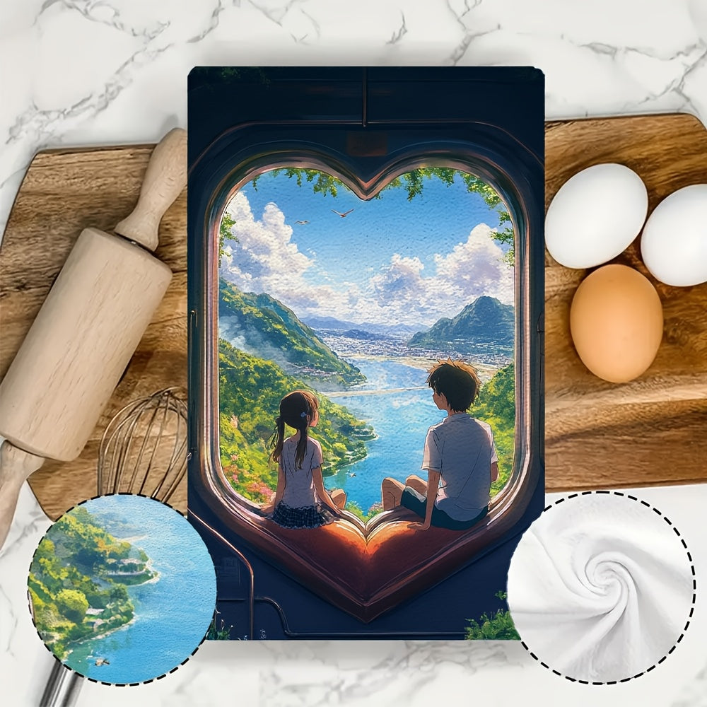 Set of 2 Anime Couple Kitchen Towels 16x24 Ultra Soft Absorbent Holiday Decor