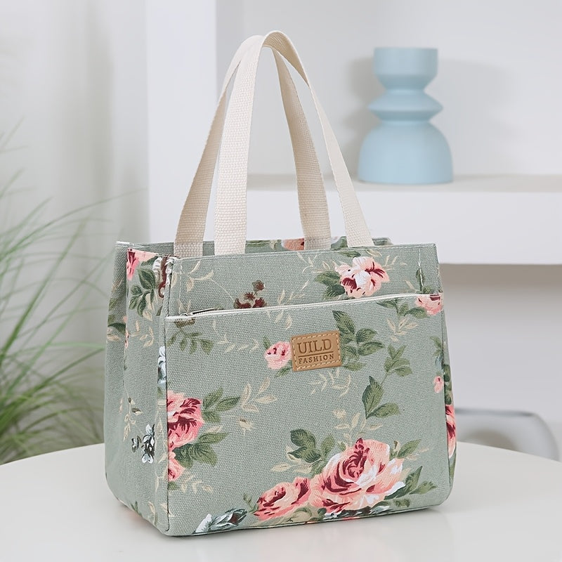 Insulated Waterproof Lunch Bag with Aluminum Foil Floral Canvas Large Capacity for Work Travel Picnics