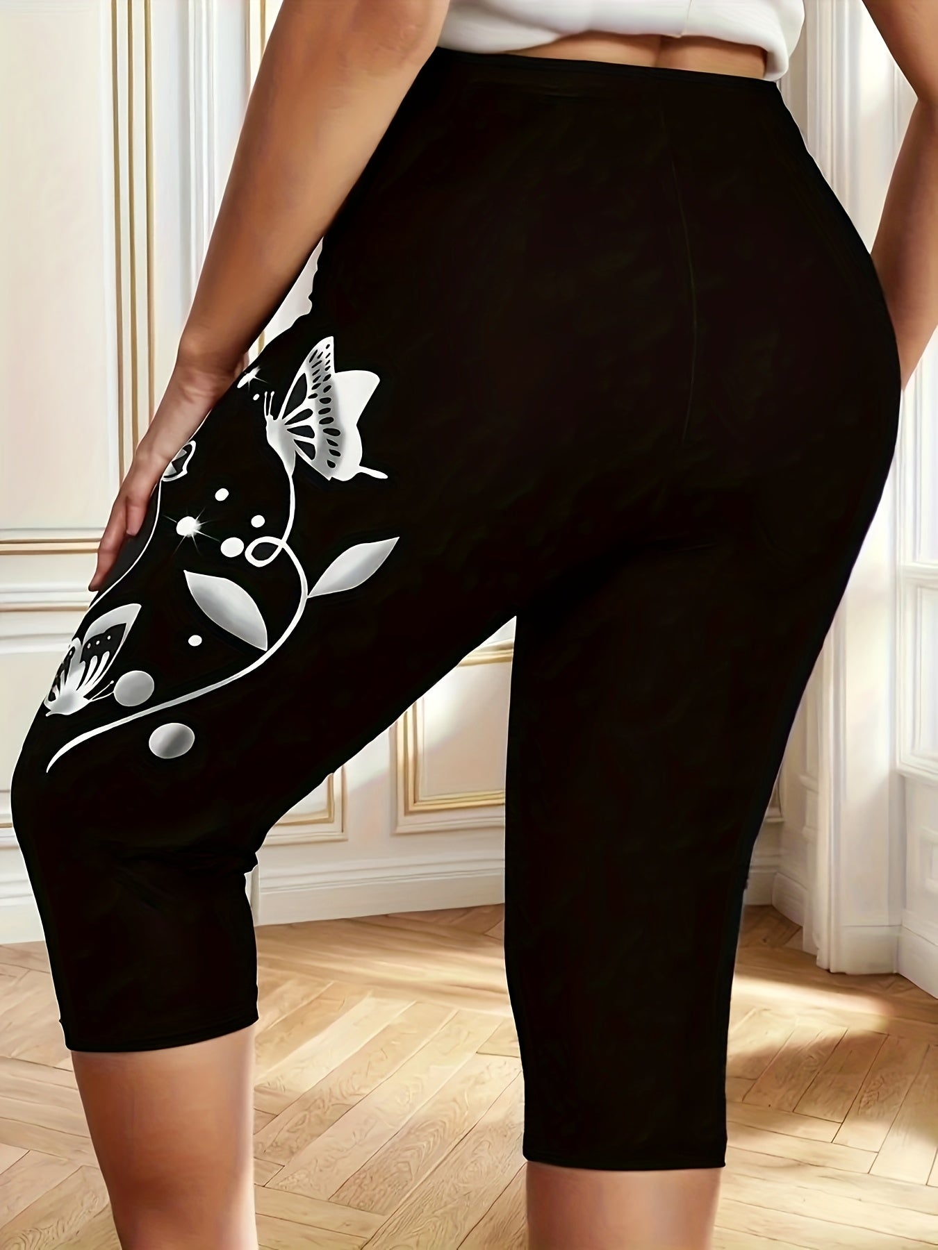Women's Butterfly Print Stretch Capri Pants Black White Floral Slim Fit Casual