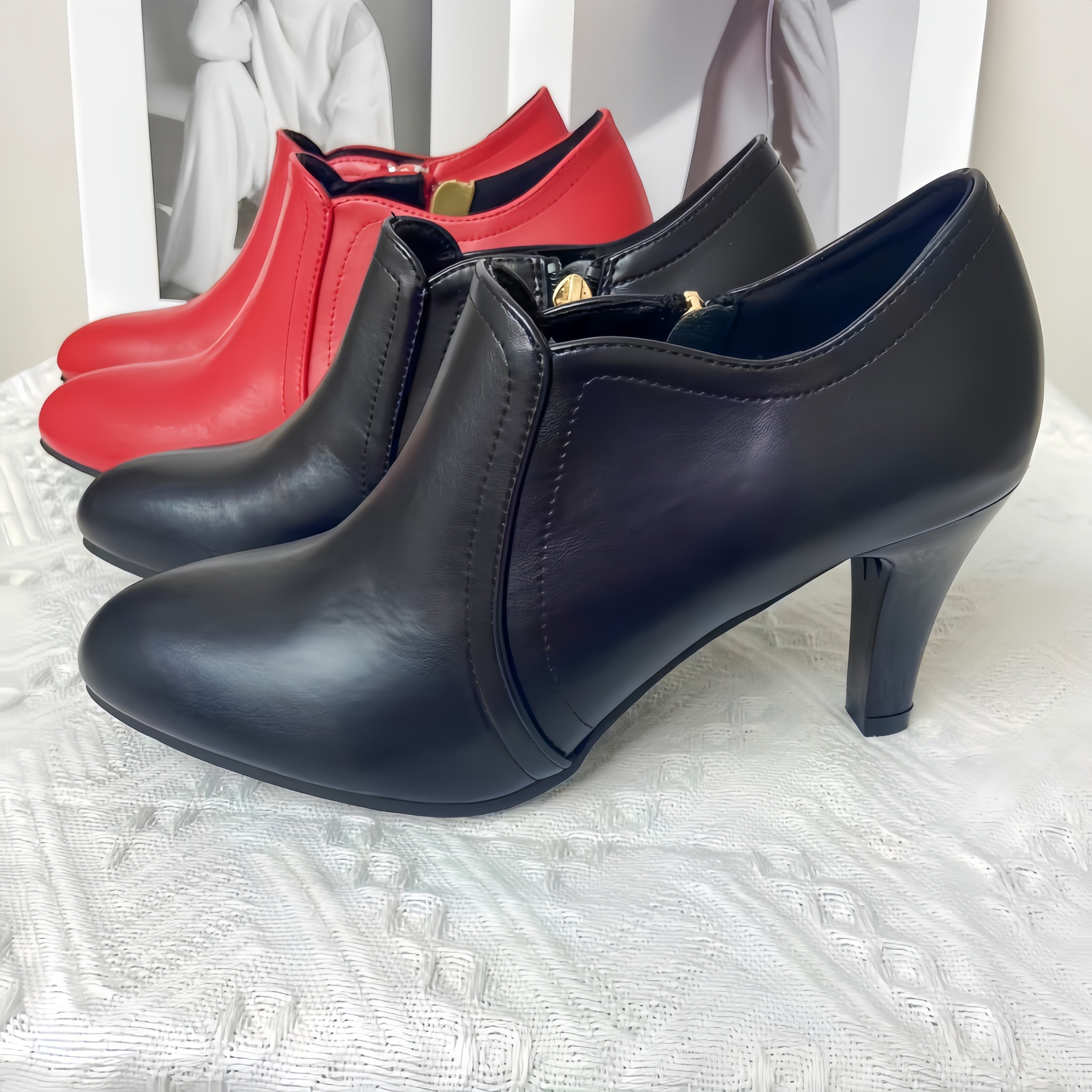 Women's Solid Color Block Heeled Boots with Side Zipper Dress Shoes