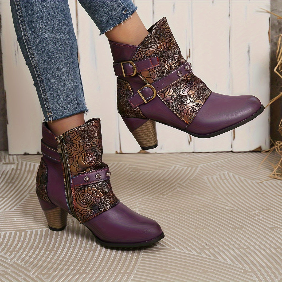 Women's Ankle Boots Leather Western Style Pointed Toe Block Heel All-Season Purple