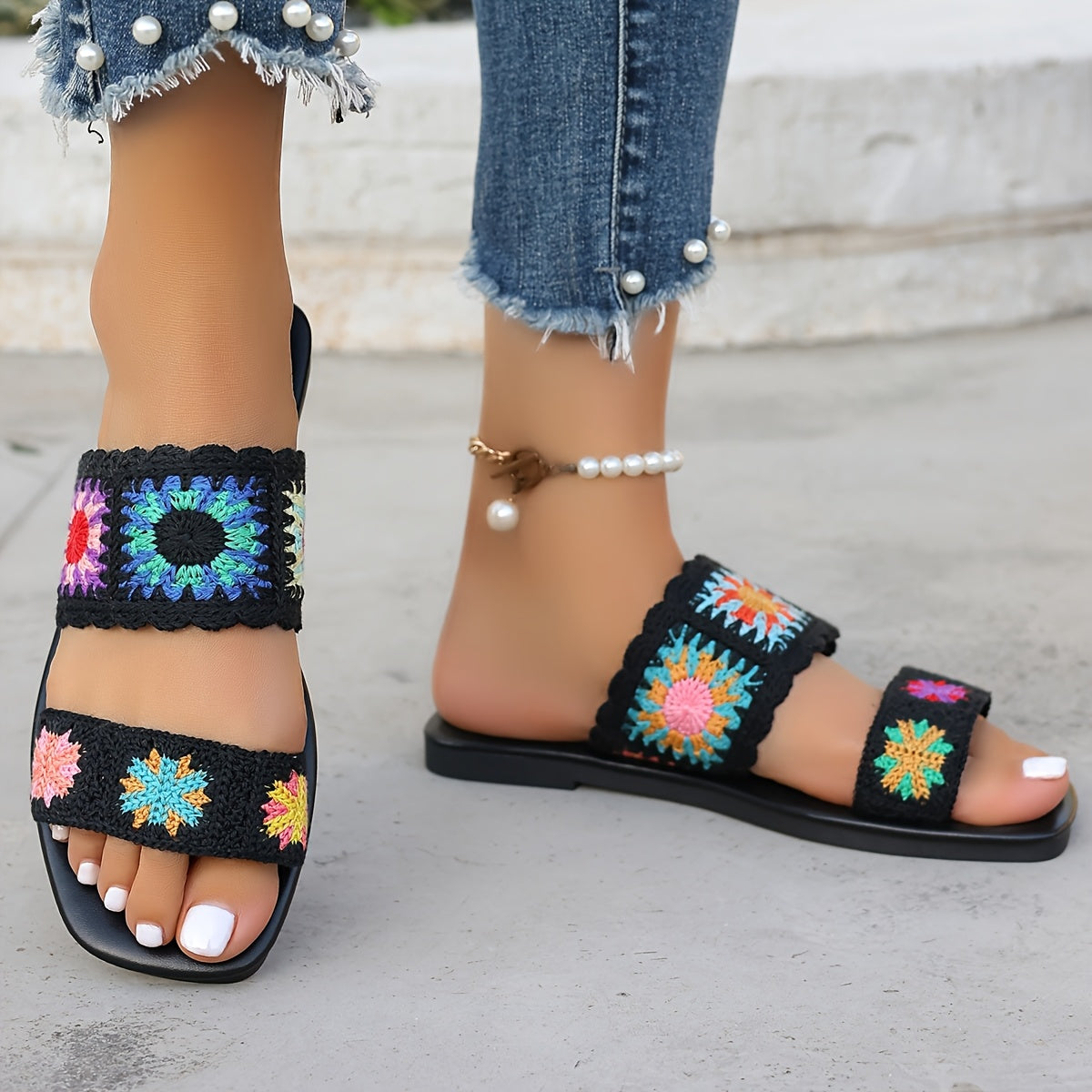 Women's Colorful Lace Crochet Bohemian Flat Sandals Beach Travel Slippers