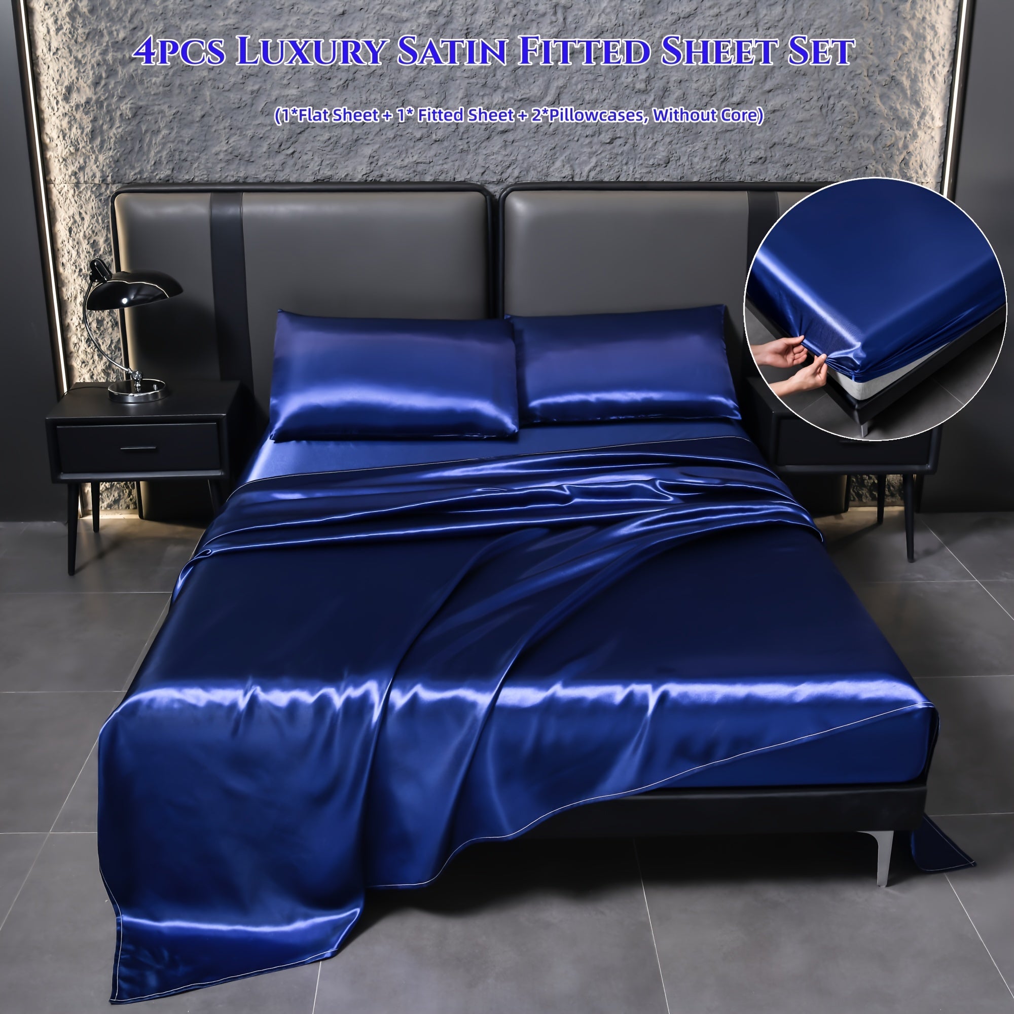 Juego de sábanas de satén de 4 piezas, reversible, transpirable, antideslizante, de color sólido para dormitorio, invitados, hotel