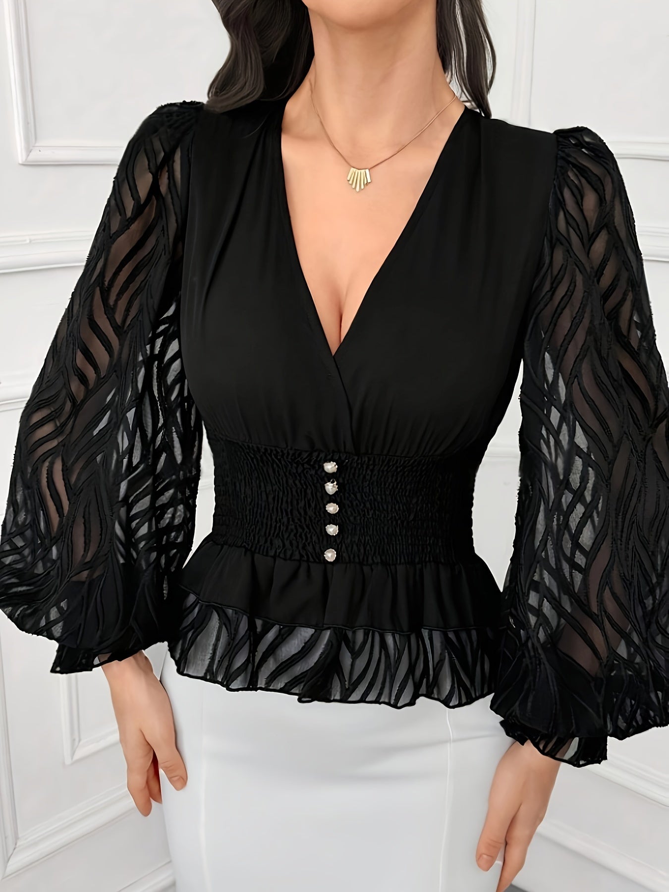Women's V-Neck Long Sleeve Blouse with Ruched Waist Solid Polyester Spring Summer