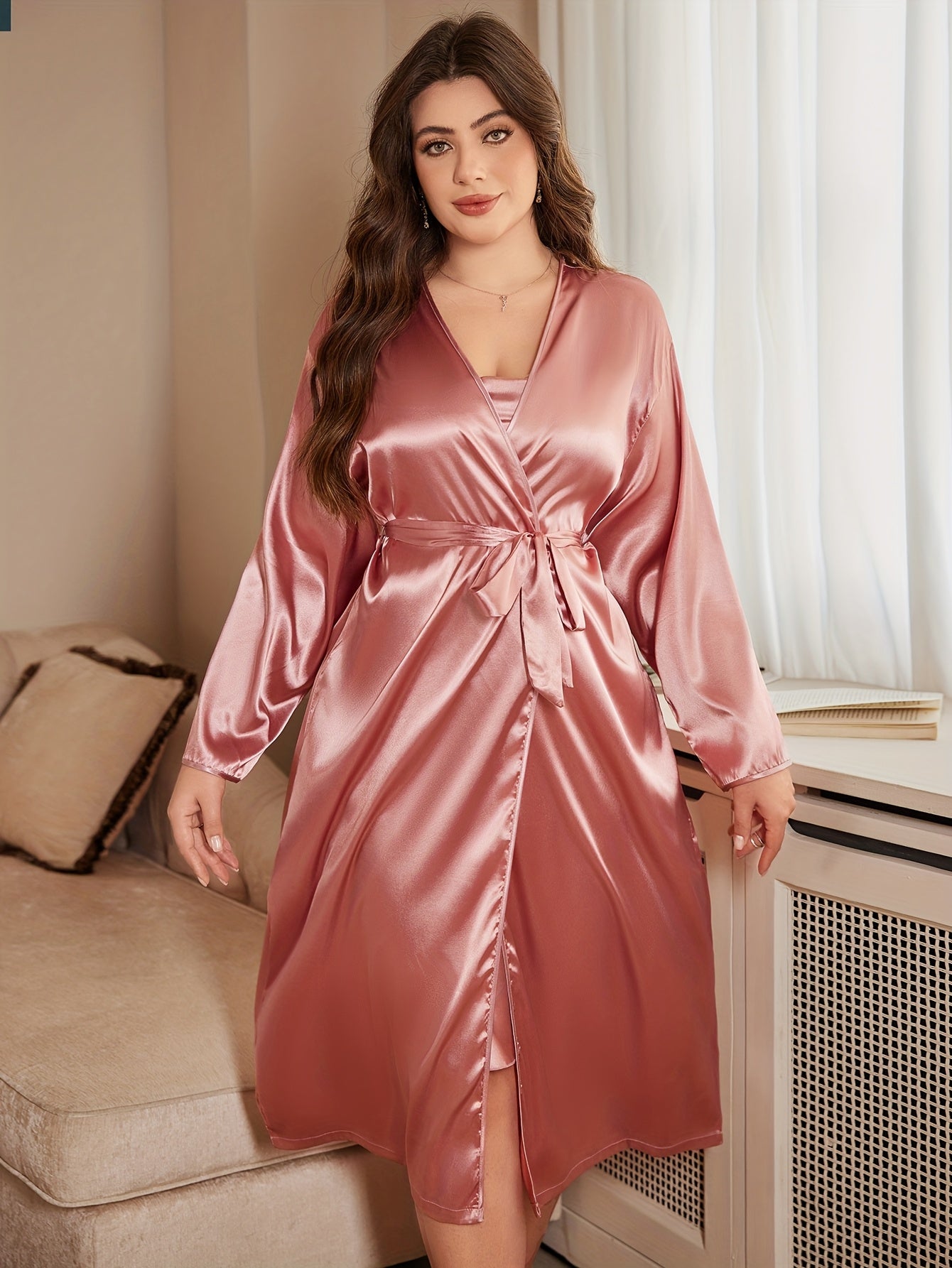 Women's Plus Size V-Neck Faux Silky Long Robe Bathrobe for Home or Sleep