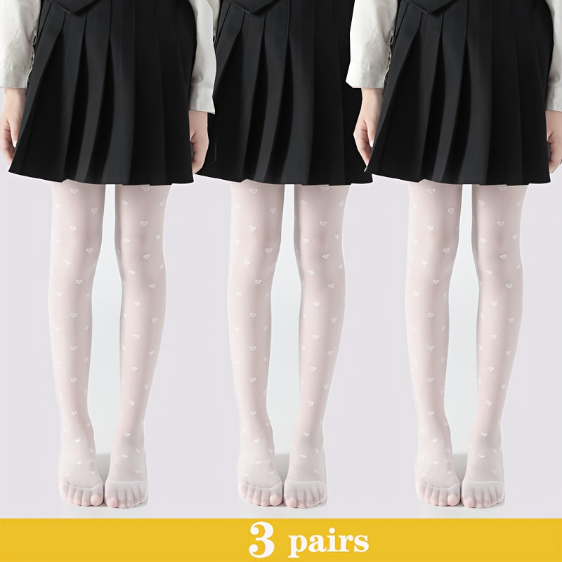 Girls Heart Pattern Mesh Tights Set 3 Breathable Nylon Spandex All-Season
