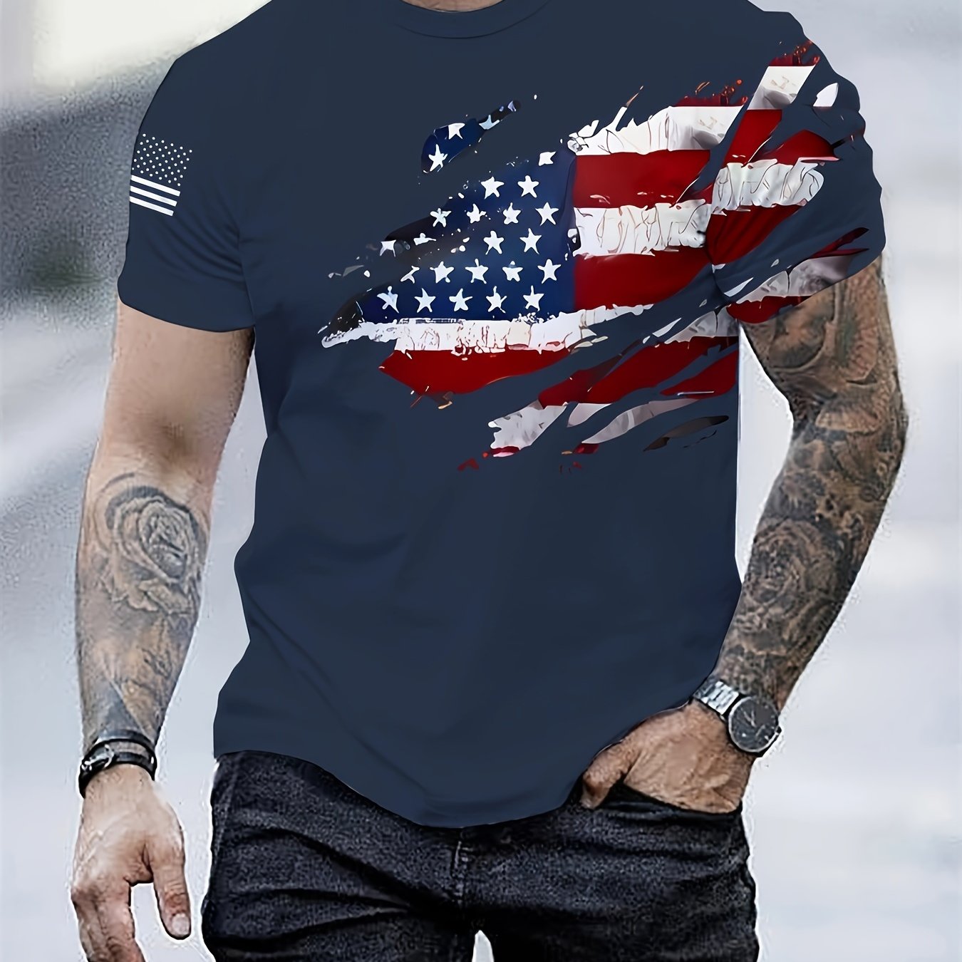 Erkaklar uchun Vatanparvar Amerika bayrog'i 3D bosma T-ko'ylagi - Tasodifiy Crew Neck, Qisqa yeng, Yengil T-shirt yozgi faoliyatlar uchun