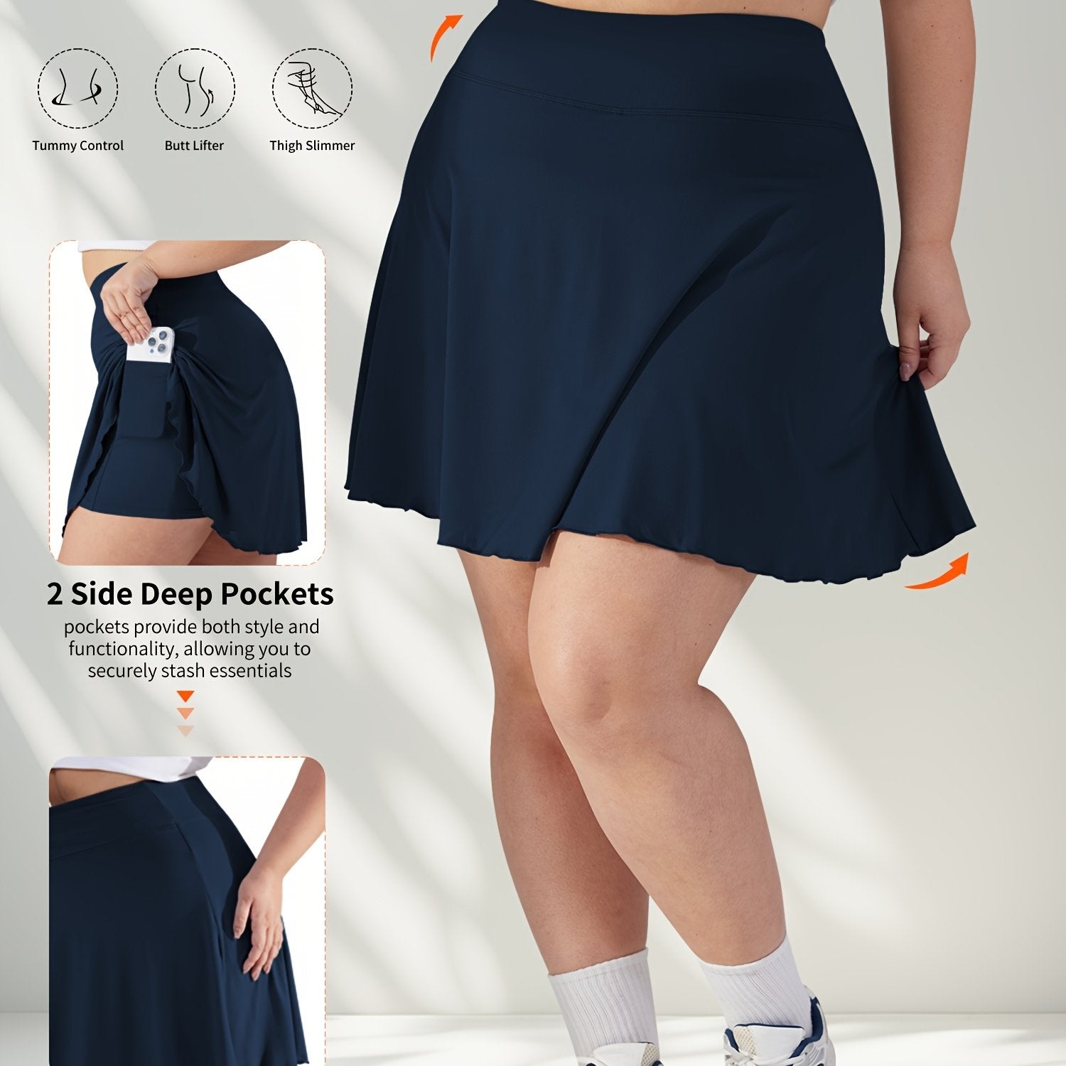 Plus Size Women's Tennis Skirt with Pockets, Green, High Stretch, Athletic Fit