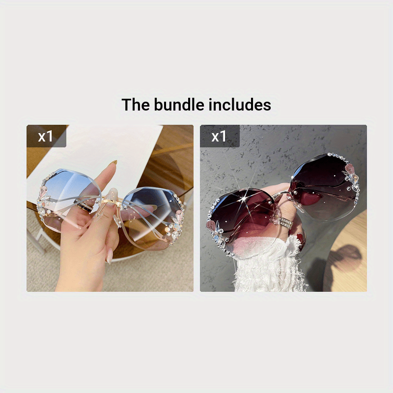 Women's Rimless Sunglasses with Rhinestones, Round Gradient Lens for Summer Beach Travel