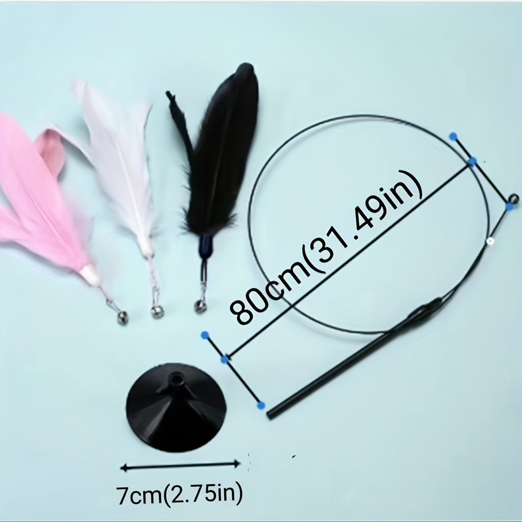 Feather Cat Teaser Stick Toy with Bell and Suction Cup for Interactive Play