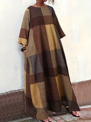 Plus Size Women's Colorblock Grid Print Maxi Dress with Long Sleeves and Round Neck