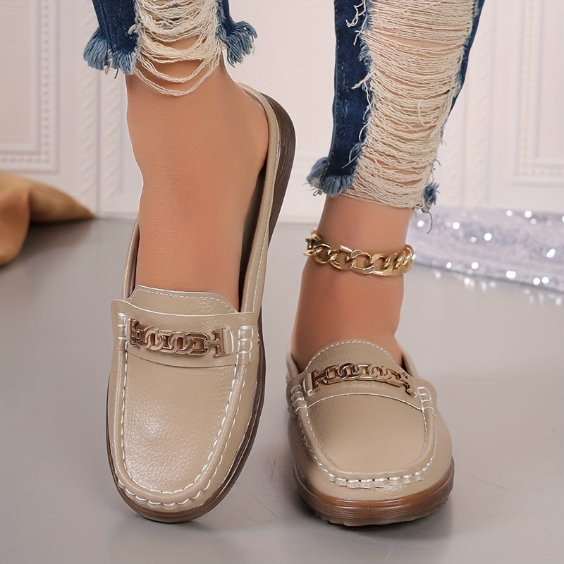 Women’s Fashion Mules Slip-Resistant Flats with Metallic Buckle in Beige Black Blue