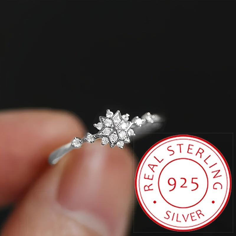 Sterling Silver Promise Ring with Snowflake Design and Zirconia Stones for Engagement or Wedding