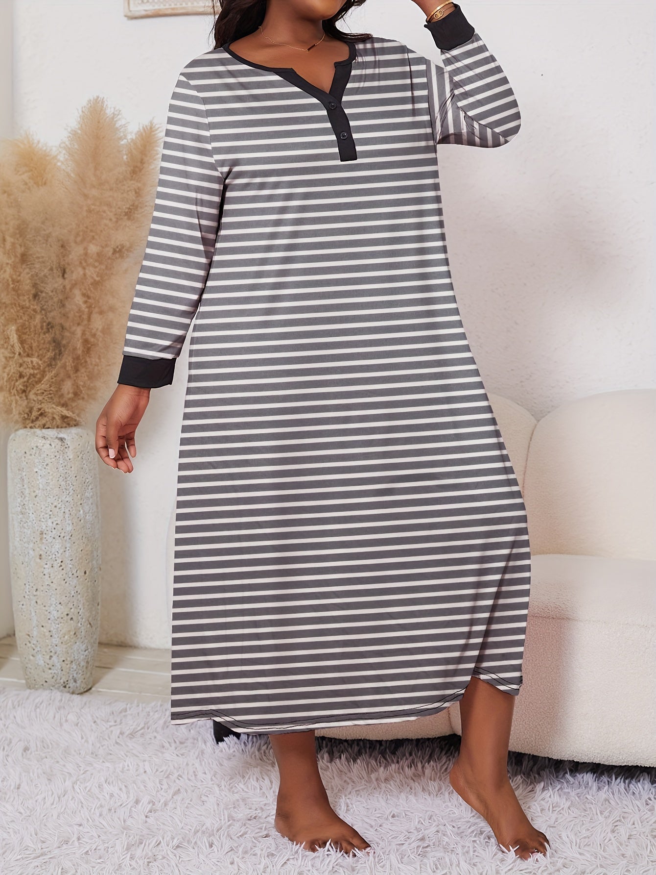 Women's Plus Size Heart Print Long Sleeve Sleep Dress for Fall Winter