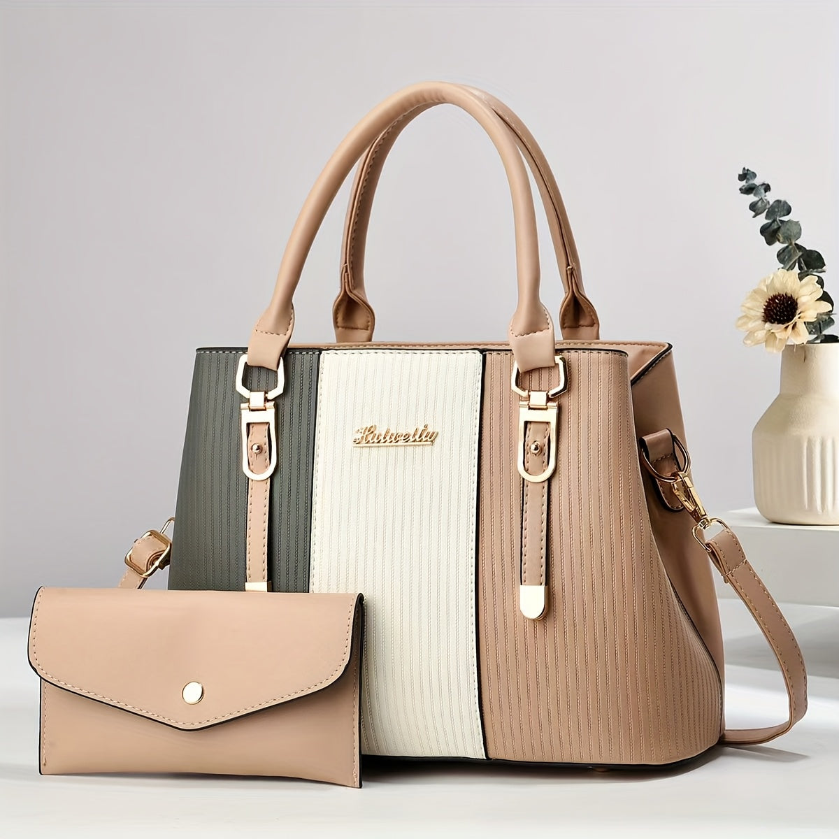 Black Elegant Tote Bag with Fixed Shoulder Straps Zipper Closure and Matching Clutch