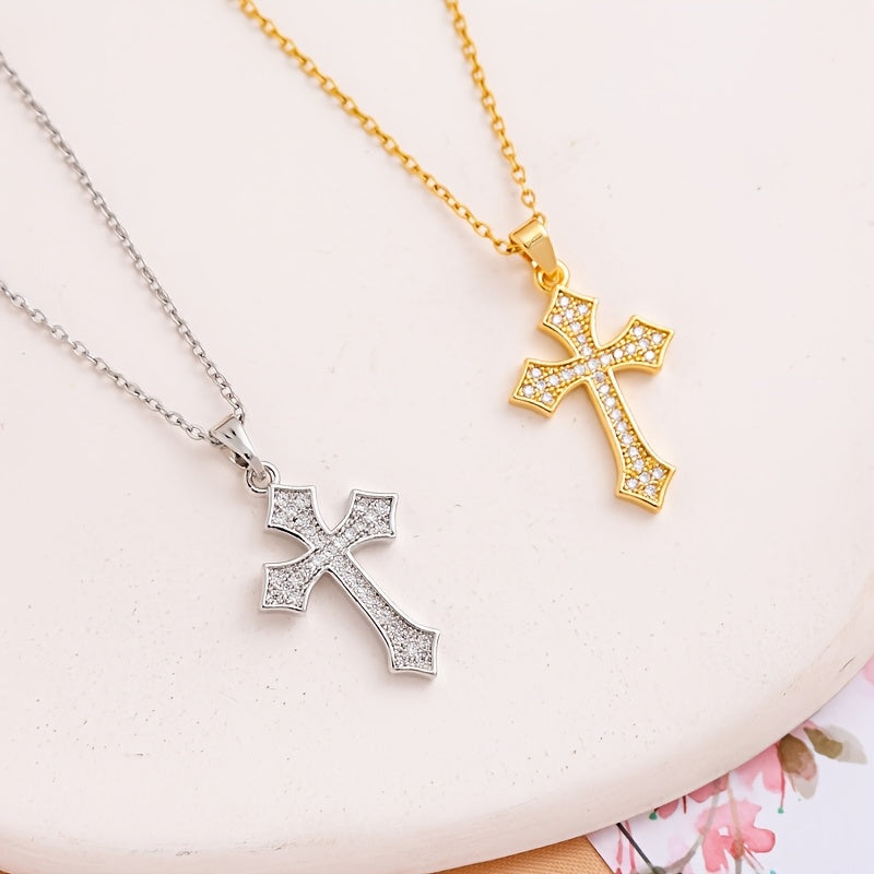 Unisex 18K Gold Plated Titanium Steel Cross Pendant Necklace Rhinestones Adjustable Clavicle Chain