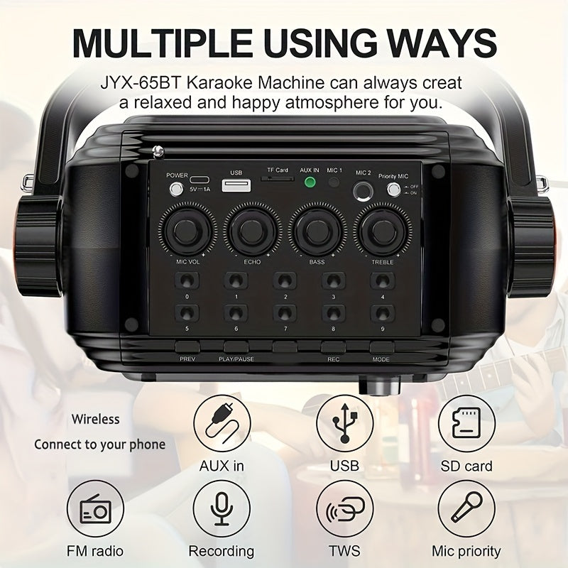 Portable Karaoke Speaker System with 2 Wireless UHF Microphones 15W TWS FM Radio Audio Recording