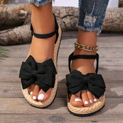 Women's Leopard Print Bow Detail Ankle Strap Sandals Breathing Fabric Flat Summer