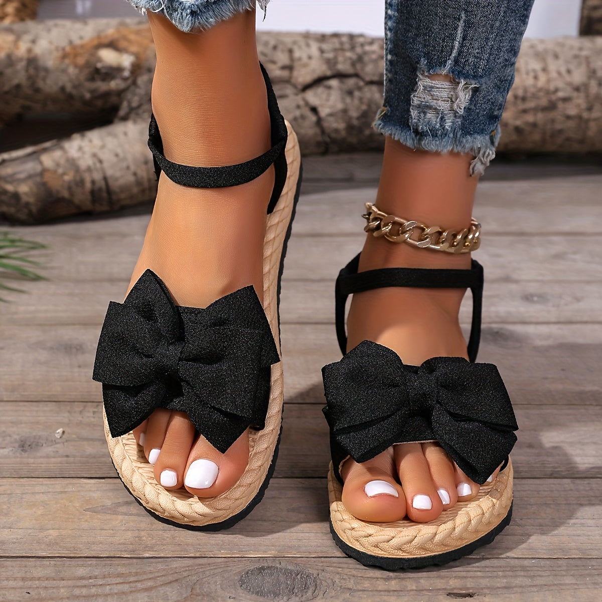 Women's Leopard Print Bow Detail Ankle Strap Sandals Breathing Fabric Flat Summer