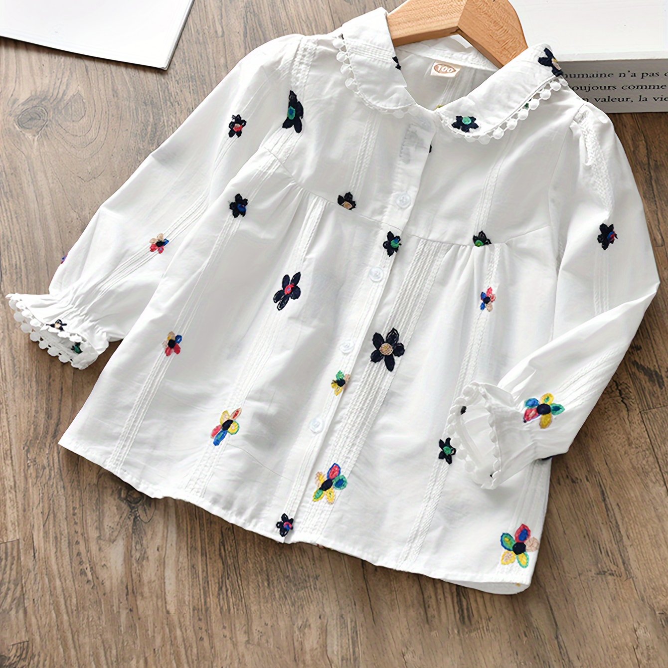 Girls' Boho Embroidered Cotton Blouse Long Sleeve Casual Shirt for Spring Fall
