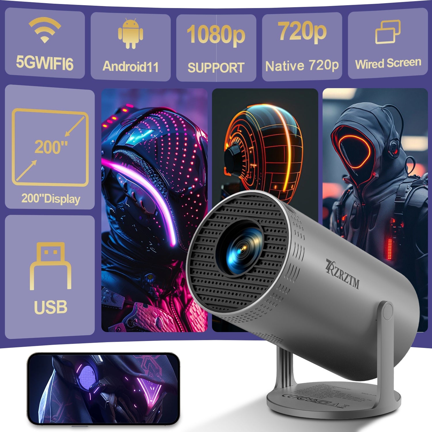 Mini simsiz HD portativ proyektor avtomatik diqqat va masofadan boshqarish bilan