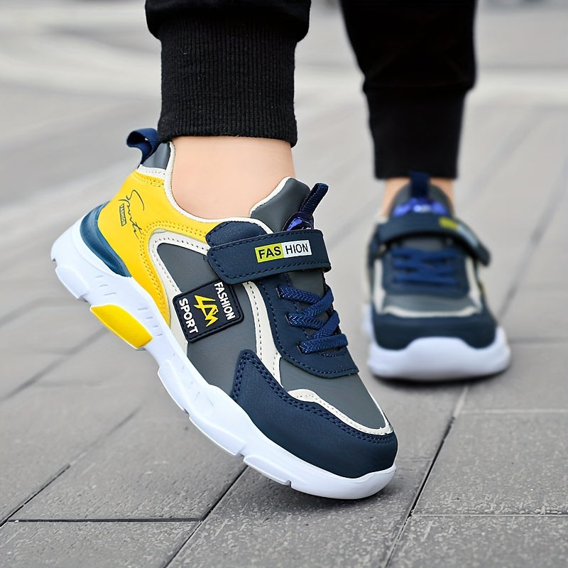 Мужские дышащие спортивные туфли с застежкой на липучке, нескользящей подошвой и повседневным беговым стилем в синем/желтом/белом цвете для всех сезонов.