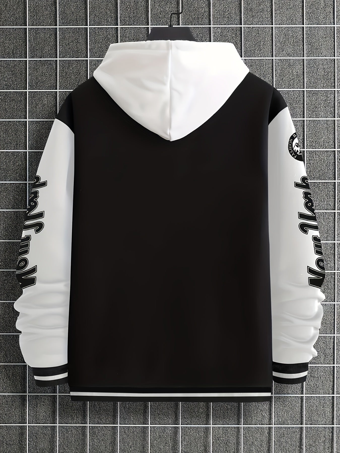Plus Size Men's Casual Sports Jacket with Letter NY Pattern Color Block Black White Varsity Style for Fall Winter