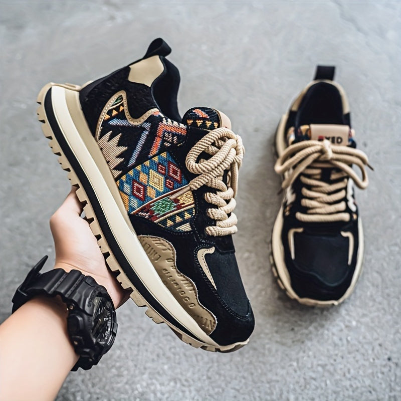 Erkaklar uchun vintage uslubidagi sport poyabzallari, geometrik plitka va tasodifiy naqsh bilan, bog'ichli dizayn, iliq qishki ichki qismi va PVC taglik, mustahkam, sirpanmaydigan ochiq havoda kiyish uchun.