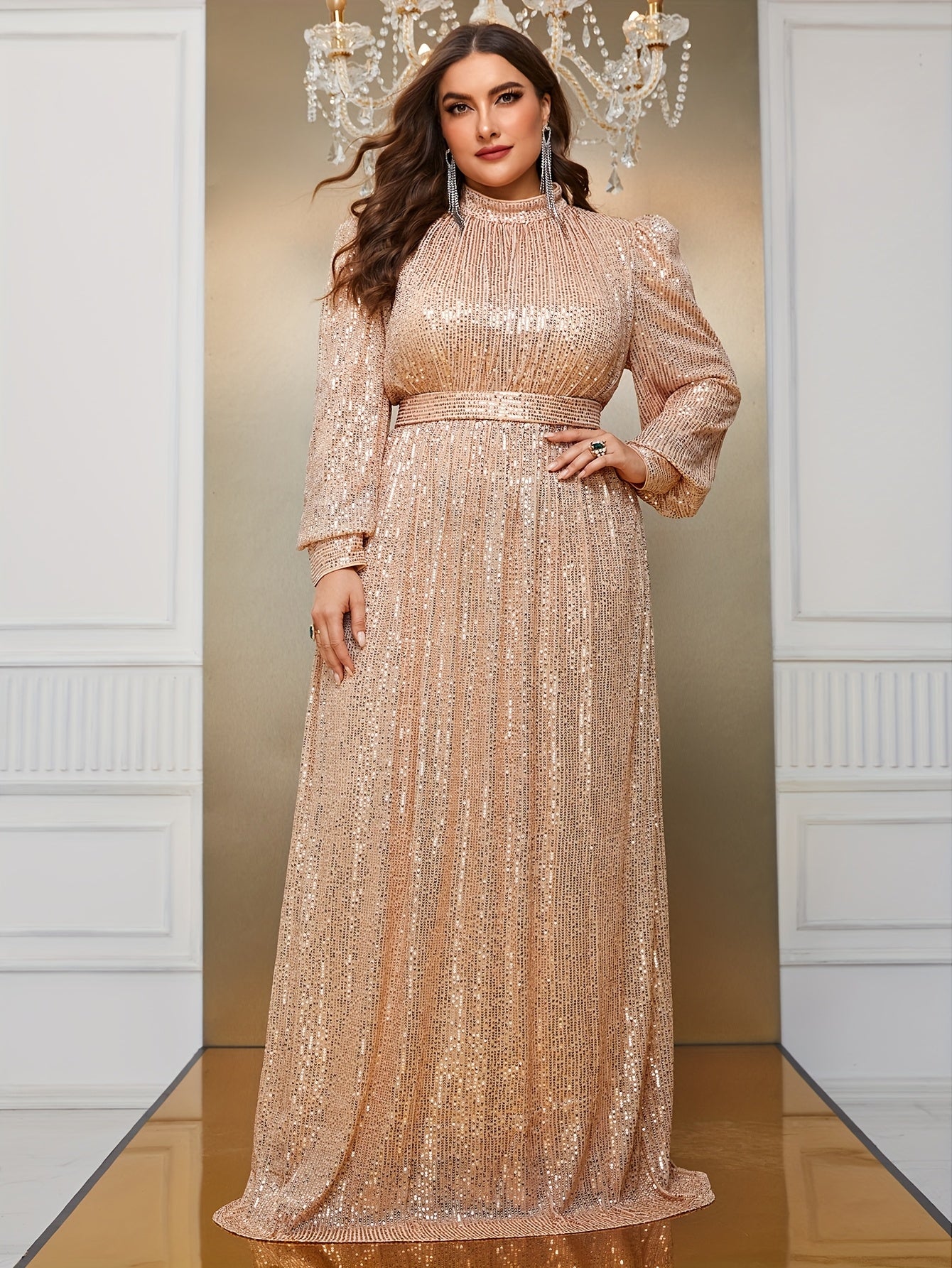 Plus Size Sequin Party Dress Long Sleeve Formal Gown for Weddings Proms