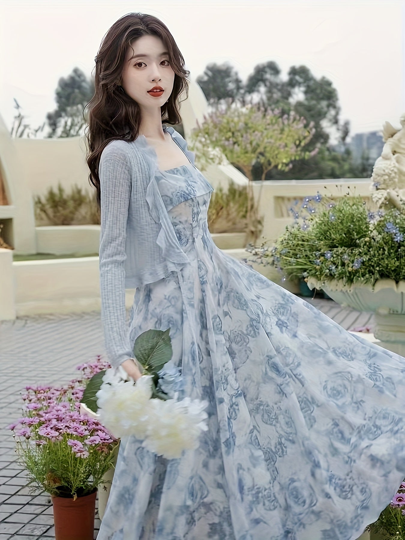 Conjunto de vestido con estampado floral para mujer con cárdigan acanalado y vestido en línea A