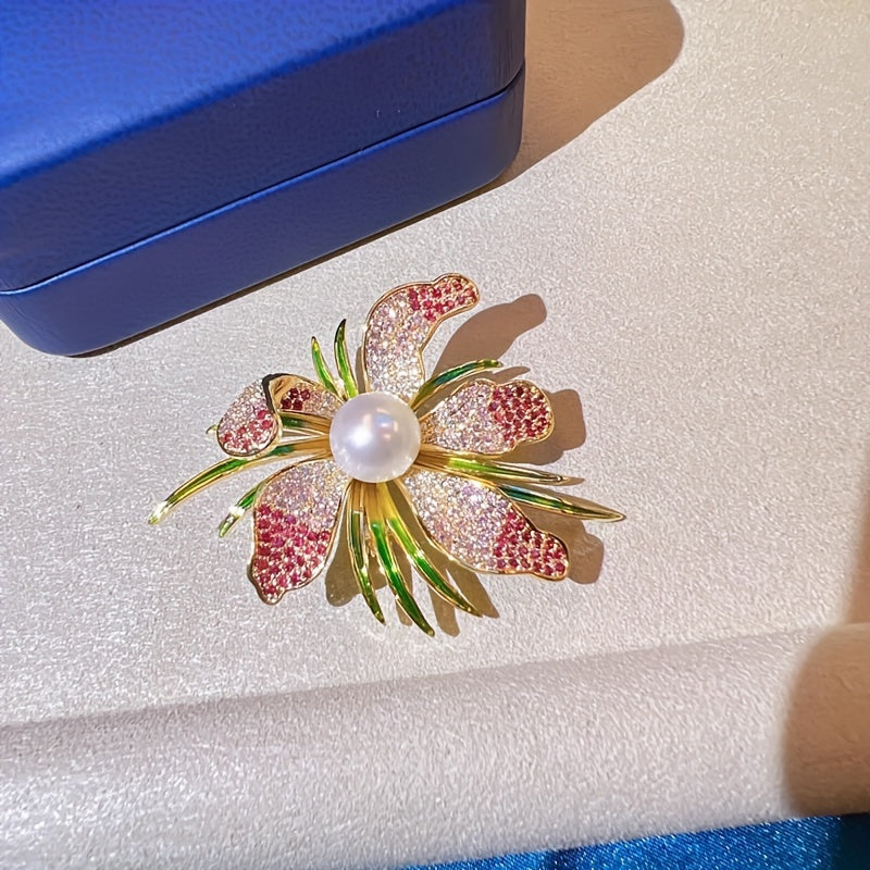Брошь-цветок пион с искусственным жемчугом и стразами для женщин