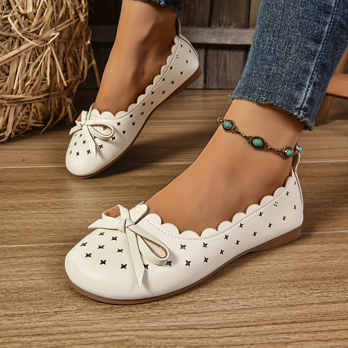 Women's All-Season Ballet Flats Breathable Slip-On Shoes with Bow Accents